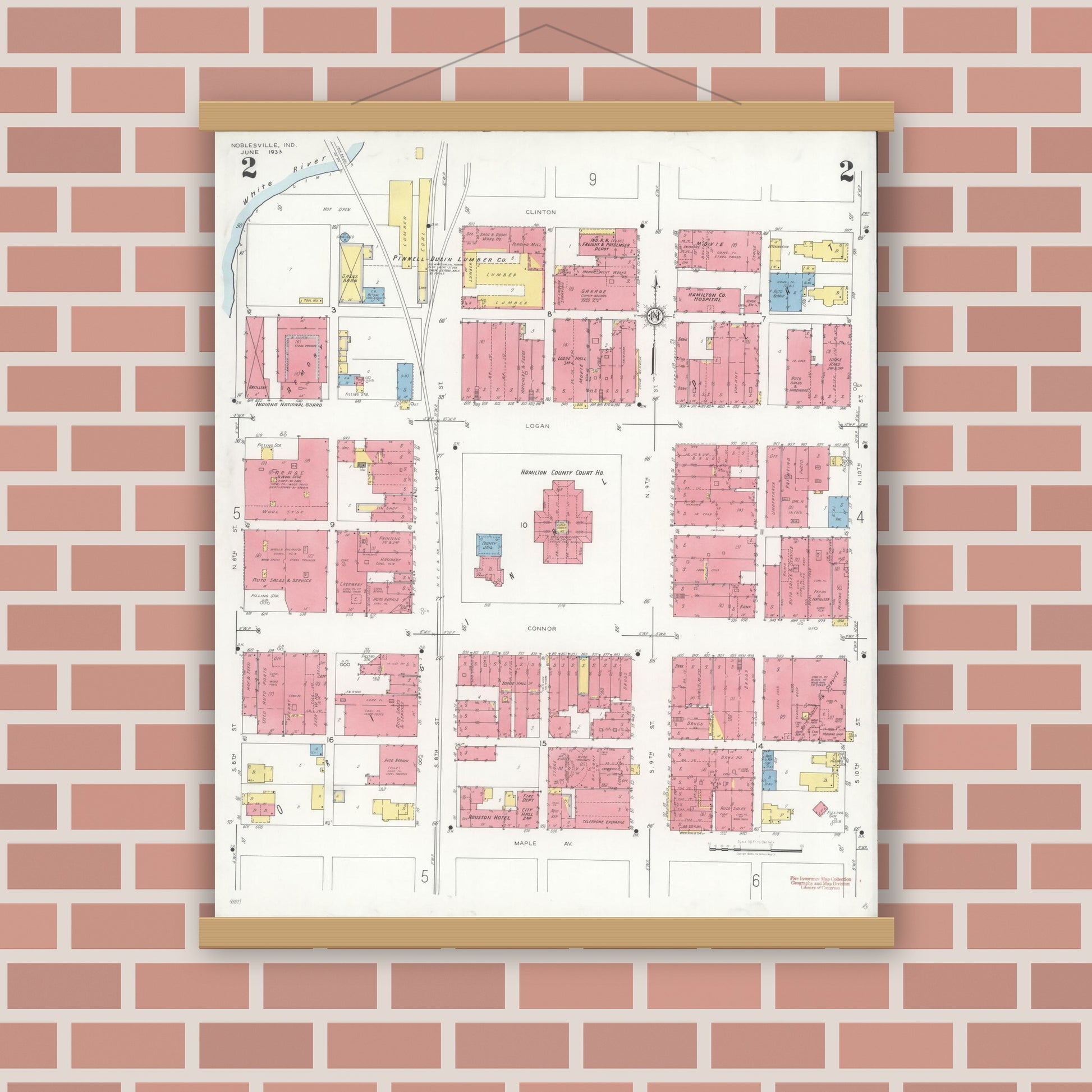 Old map wall art mockup — magnetic wood frame on brick wall — Sanborn Fire Insurance Map from Noblesville, Hamilton County, Indiana (1933), Sheet #0002