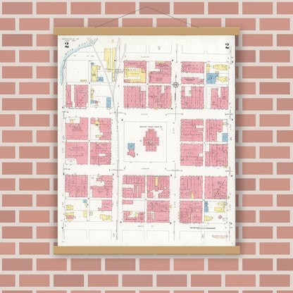 Old map wall art mockup — magnetic wood frame on brick wall — Sanborn Fire Insurance Map from Noblesville, Hamilton County, Indiana (1933), Sheet #0002