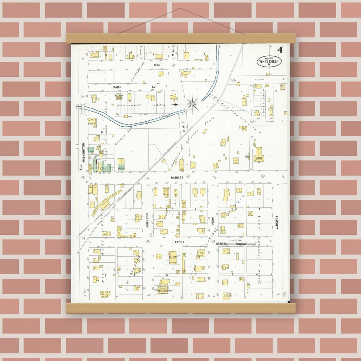 Old map wall art mockup — magnetic wood frame on brick wall — Sanborn Fire Insurance Map from What Cheer, Keokuk County, Iowa (1899), Sheet #0004