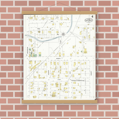 Old map wall art mockup — magnetic wood frame on brick wall — Sanborn Fire Insurance Map from What Cheer, Keokuk County, Iowa (1899), Sheet #0004