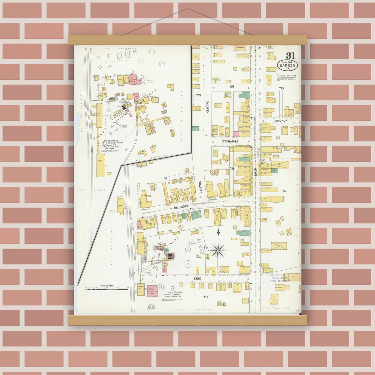 Old map wall art mockup — magnetic wood frame on brick wall — Sanborn Fire Insurance Map from Warren, Warren County, Pennsylvania (1904), Sheet #0031