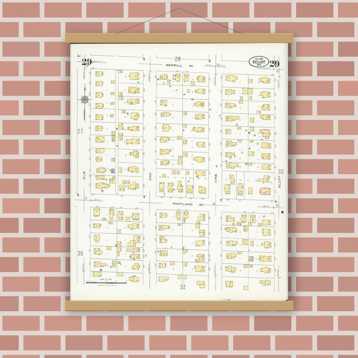 Old map wall art mockup — magnetic wood frame on brick wall — Sanborn Fire Insurance Map from Beloit, Rock County, Wisconsin (1926), Sheet #0029