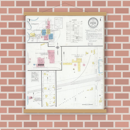 Old map wall art mockup — magnetic wood frame on brick wall — Sanborn Fire Insurance Map from Stryker, Williams County, Ohio (1930), Sheet #0001