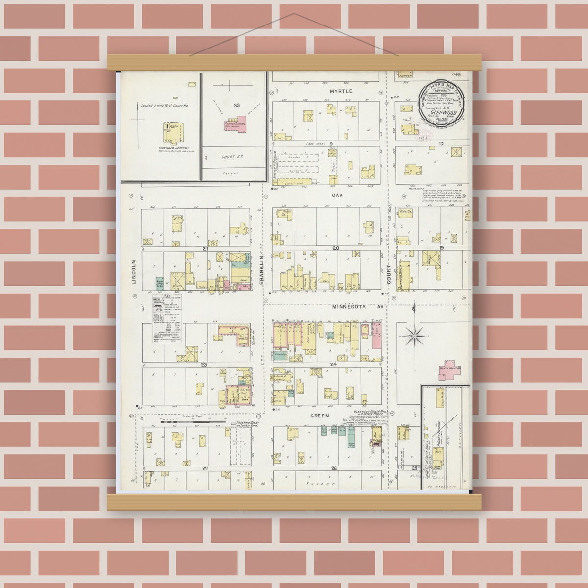 Old map wall art mockup — magnetic wood frame on brick wall — Sanborn Fire Insurance Map from Glenwood, Pope County, Minnesota (1895), Sheet #0001