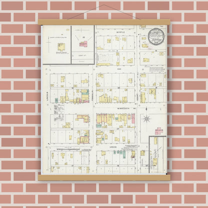 Old map wall art mockup — magnetic wood frame on brick wall — Sanborn Fire Insurance Map from Glenwood, Pope County, Minnesota (1895), Sheet #0001