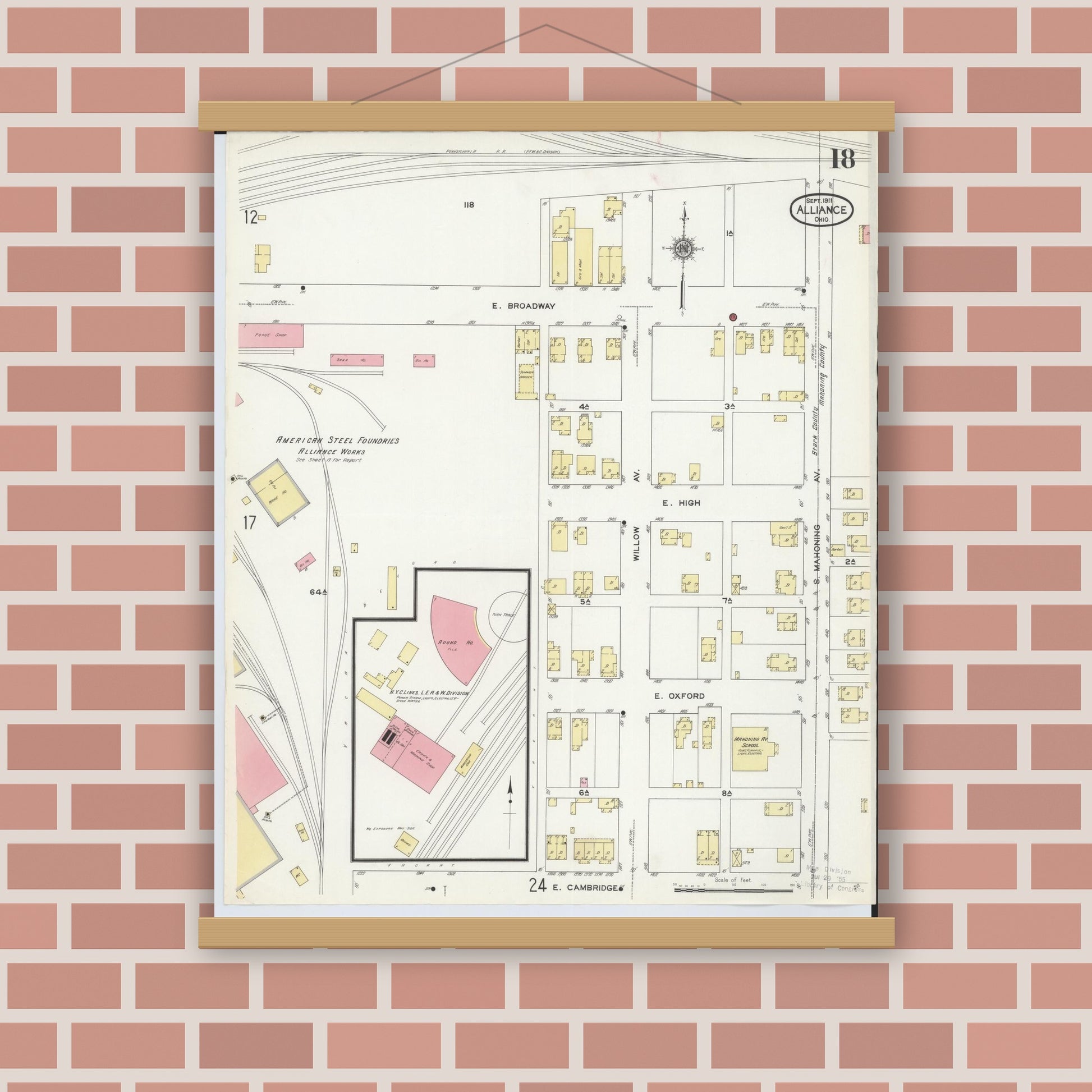 Old map wall art mockup — magnetic wood frame on brick wall — Sanborn Fire Insurance Map from Alliance, Stark County, Ohio (1911), Sheet #0018