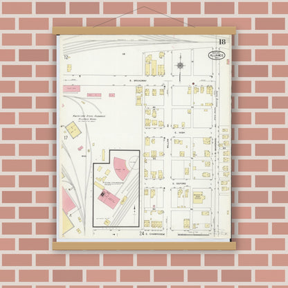 Old map wall art mockup — magnetic wood frame on brick wall — Sanborn Fire Insurance Map from Alliance, Stark County, Ohio (1911), Sheet #0018