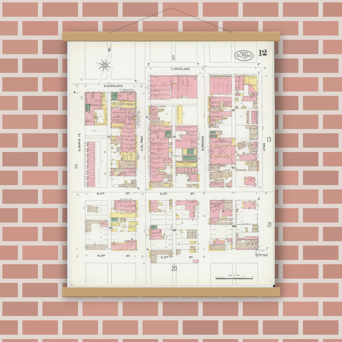 Old map wall art mockup — magnetic wood frame on brick wall — Sanborn Fire Insurance Map from El Paso, El Paso County, Texas (1902), Sheet #0012