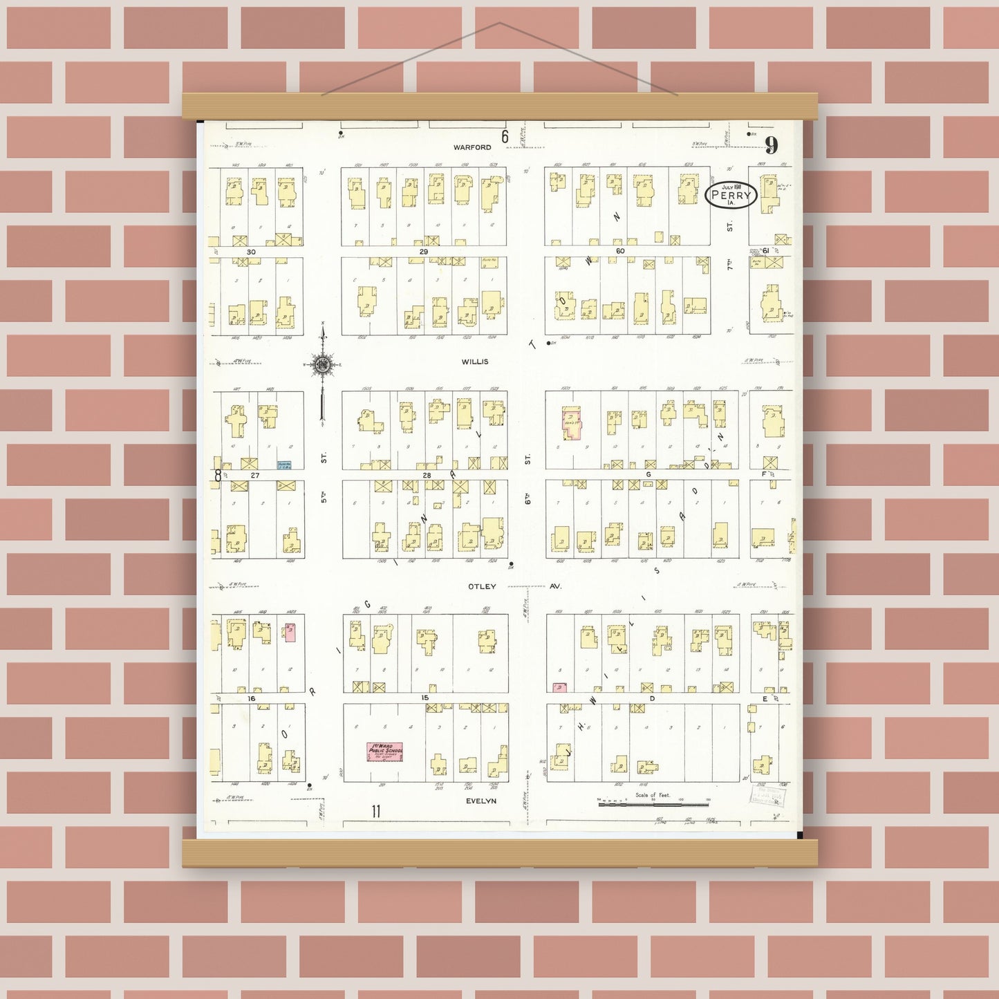 Old map wall art mockup — magnetic wood frame on brick wall — Sanborn Fire Insurance Map from Perry, Dallas County, Iowa (1911), Sheet #0009