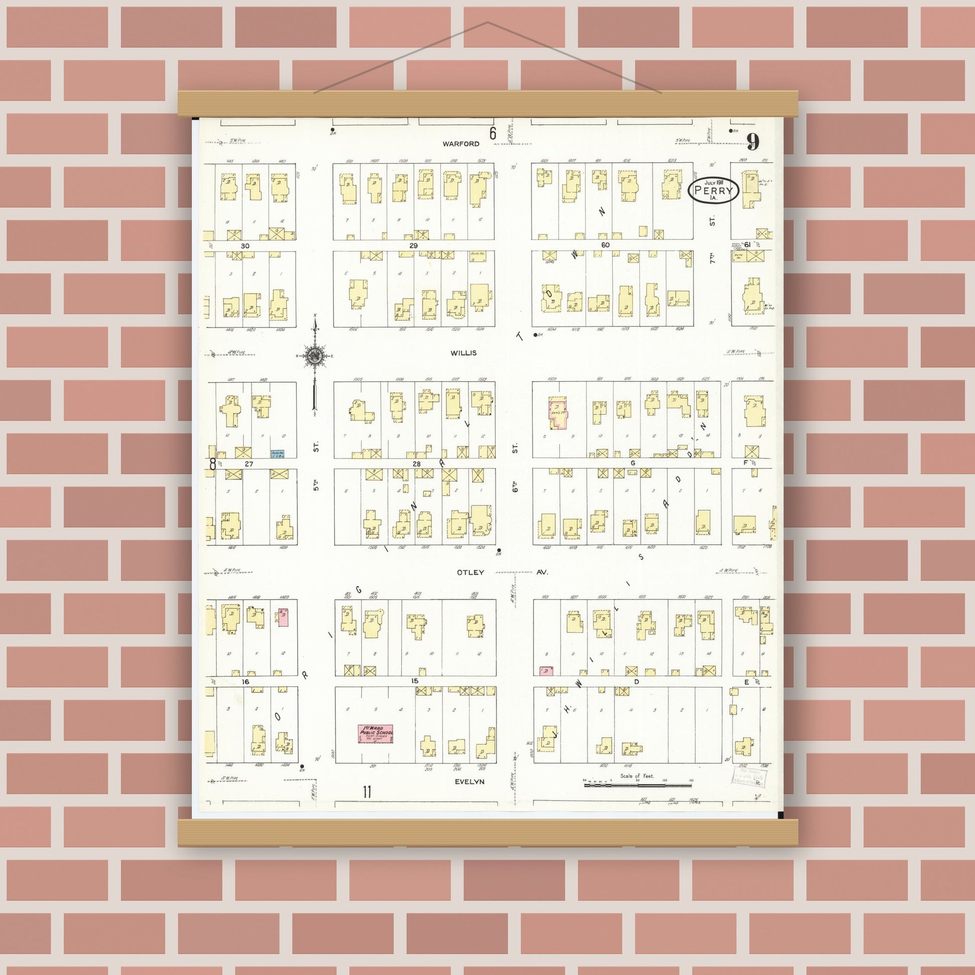 Old map wall art mockup — magnetic wood frame on brick wall — Sanborn Fire Insurance Map from Perry, Dallas County, Iowa (1911), Sheet #0009