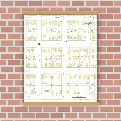 Old map wall art mockup — magnetic wood frame on brick wall — Sanborn Fire Insurance Map from Perry, Dallas County, Iowa (1911), Sheet #0009