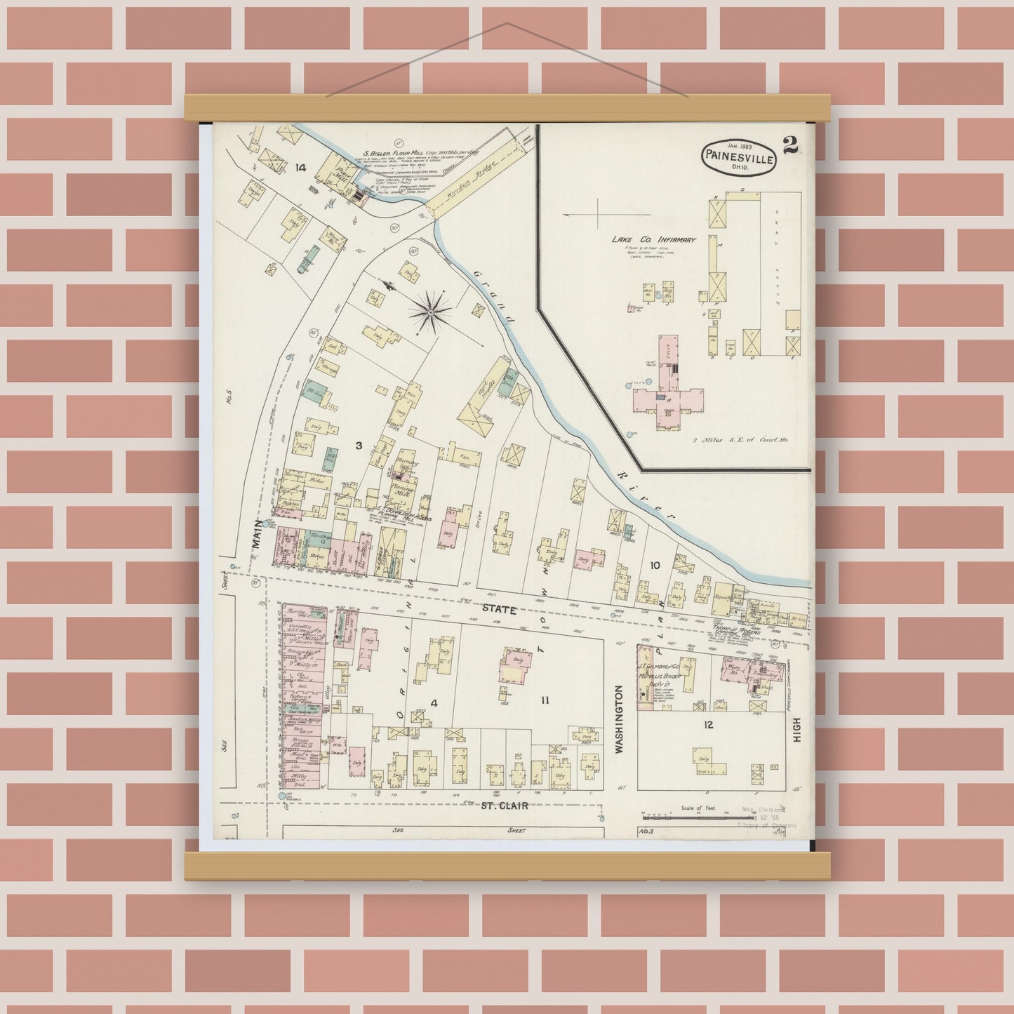 Old map wall art mockup — magnetic wood frame on brick wall — Sanborn Fire Insurance Map from Painesville, Lake County, Ohio (1889), Sheet #0002