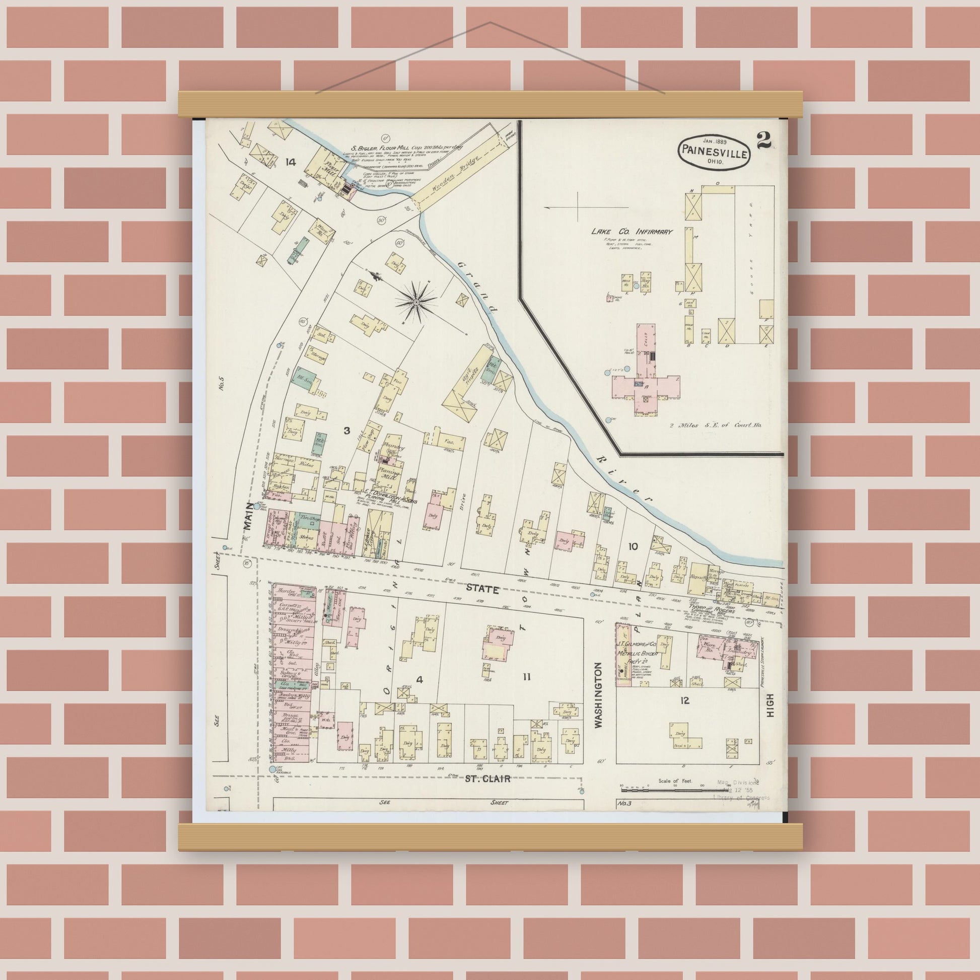 Old map wall art mockup — magnetic wood frame on brick wall — Sanborn Fire Insurance Map from Painesville, Lake County, Ohio (1889), Sheet #0002