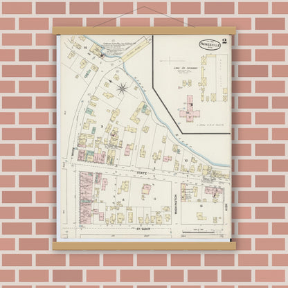Old map wall art mockup — magnetic wood frame on brick wall — Sanborn Fire Insurance Map from Painesville, Lake County, Ohio (1889), Sheet #0002