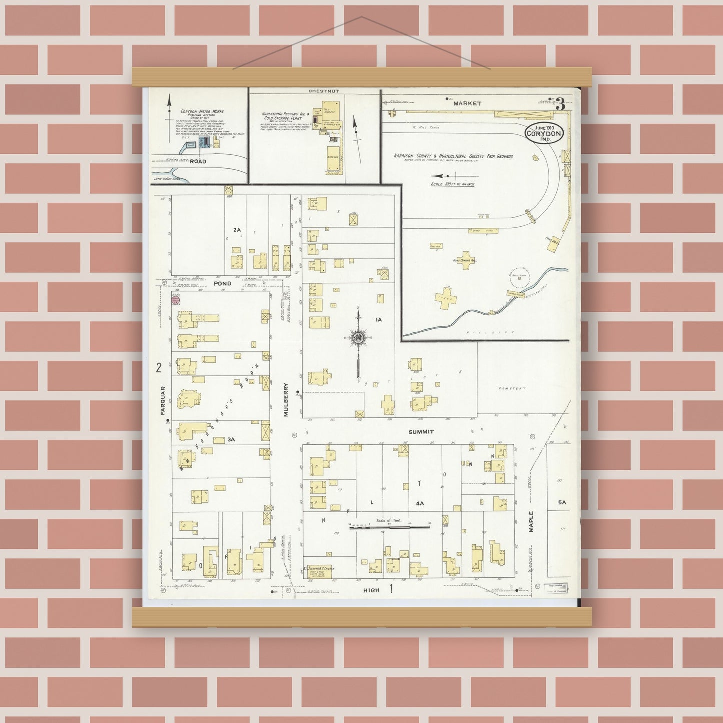 Old map wall art mockup — magnetic wood frame on brick wall — Sanborn Fire Insurance Map from Corydon, Harrison County, Indiana (1910), Sheet #0003