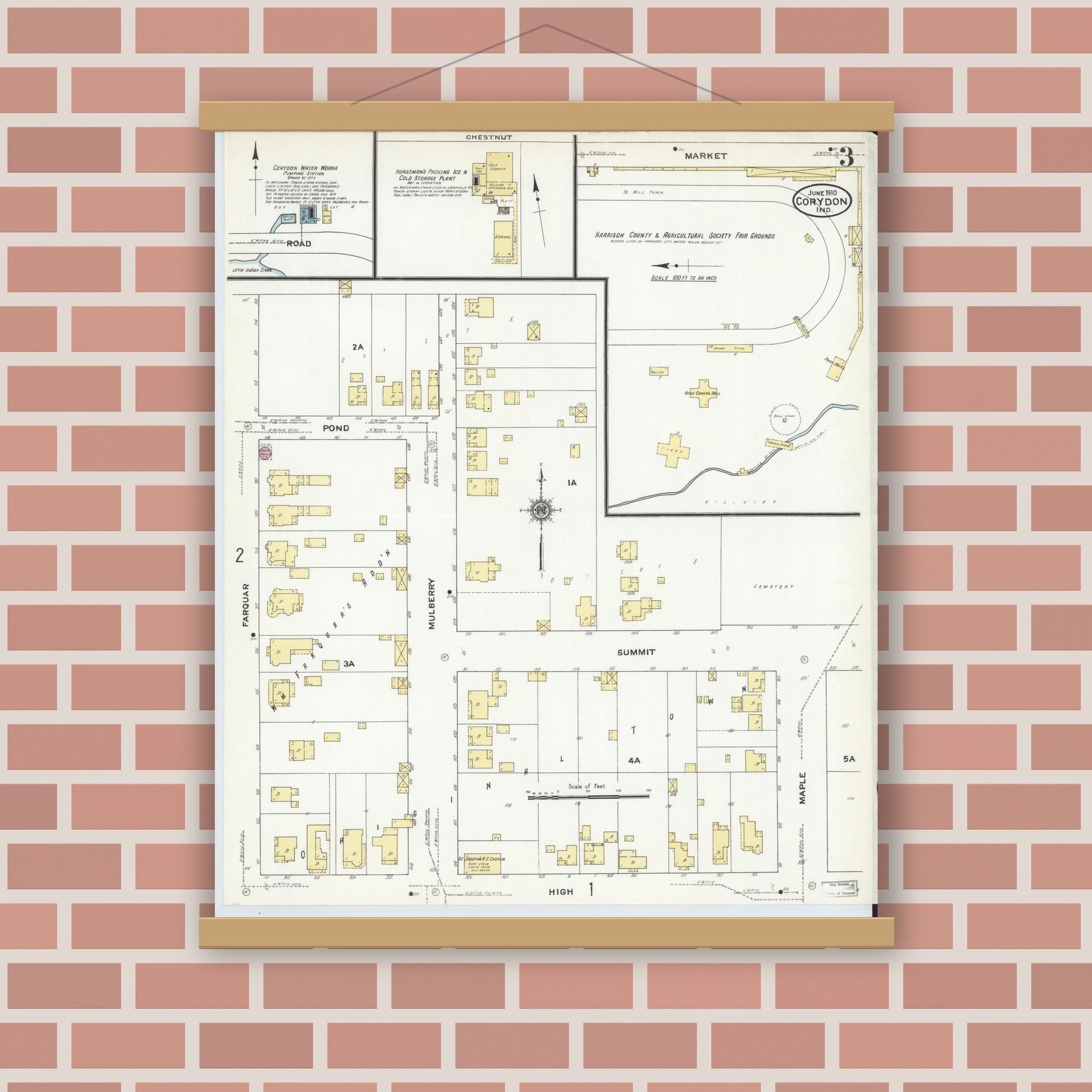 Old map wall art mockup — magnetic wood frame on brick wall — Sanborn Fire Insurance Map from Corydon, Harrison County, Indiana (1910), Sheet #0003