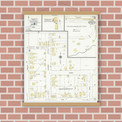 Old map wall art mockup — magnetic wood frame on brick wall — Sanborn Fire Insurance Map from Corydon, Harrison County, Indiana (1910), Sheet #0003