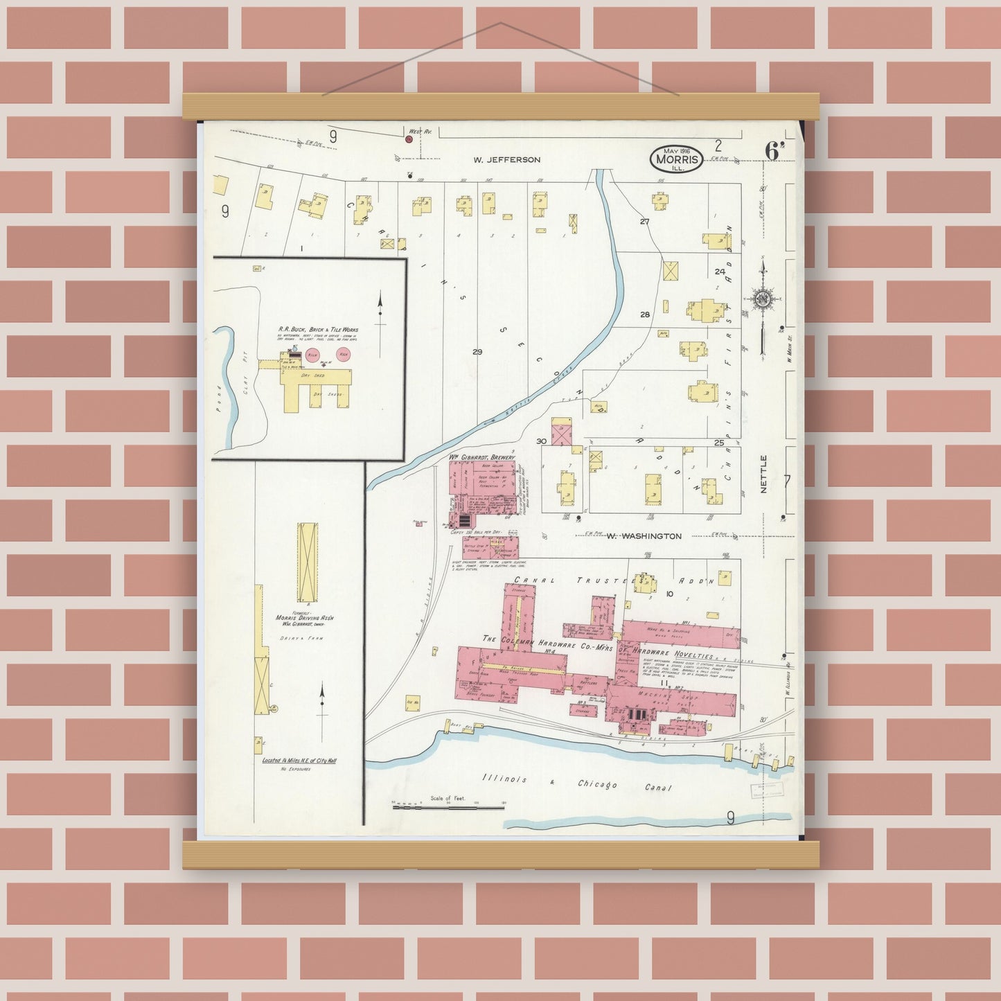 Old map wall art mockup — magnetic wood frame on brick wall — Sanborn Fire Insurance Map from Morris, Grundy County, Illinois (1916), Sheet #0006