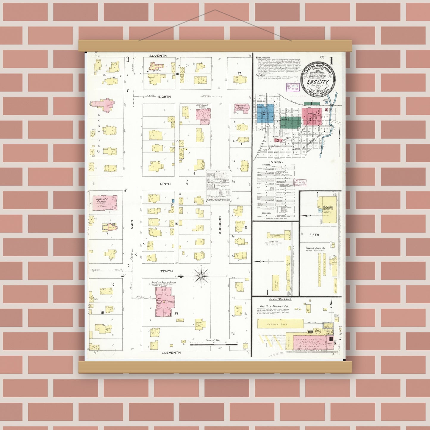 Old map wall art mockup — magnetic wood frame on brick wall — Sanborn Fire Insurance Map from Sac City, Sac County, Iowa (1909), Sheet #0001