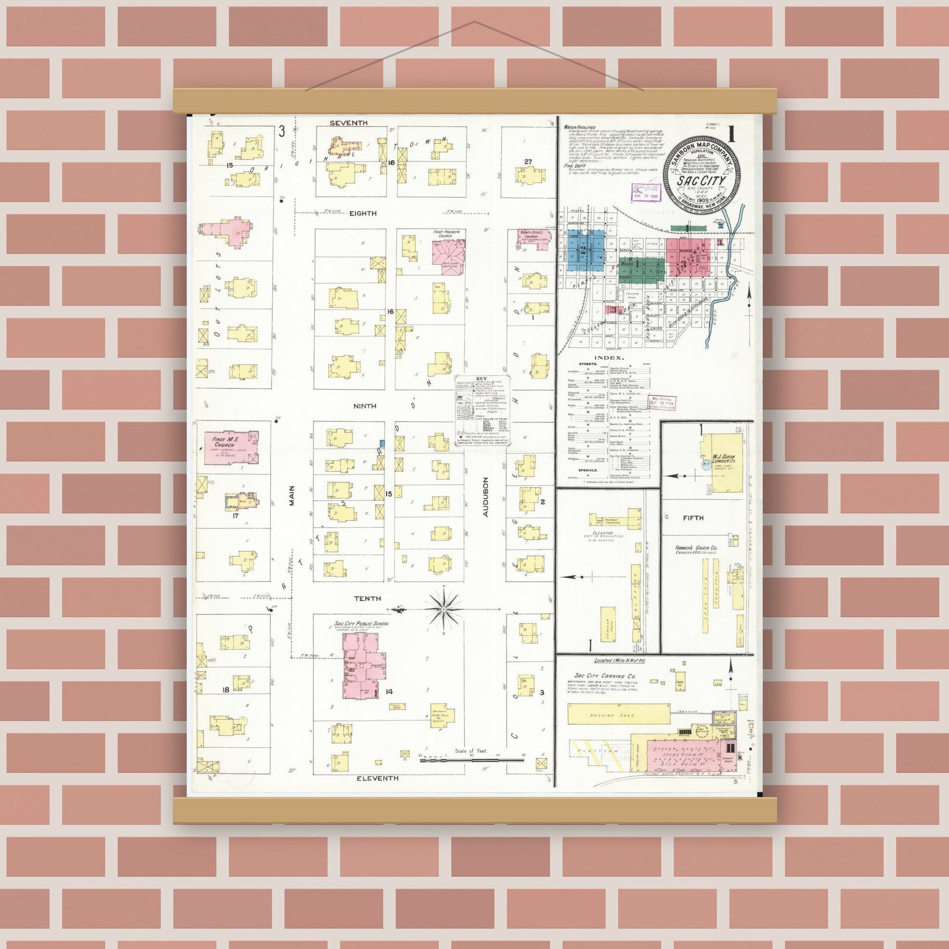 Old map wall art mockup — magnetic wood frame on brick wall — Sanborn Fire Insurance Map from Sac City, Sac County, Iowa (1909), Sheet #0001