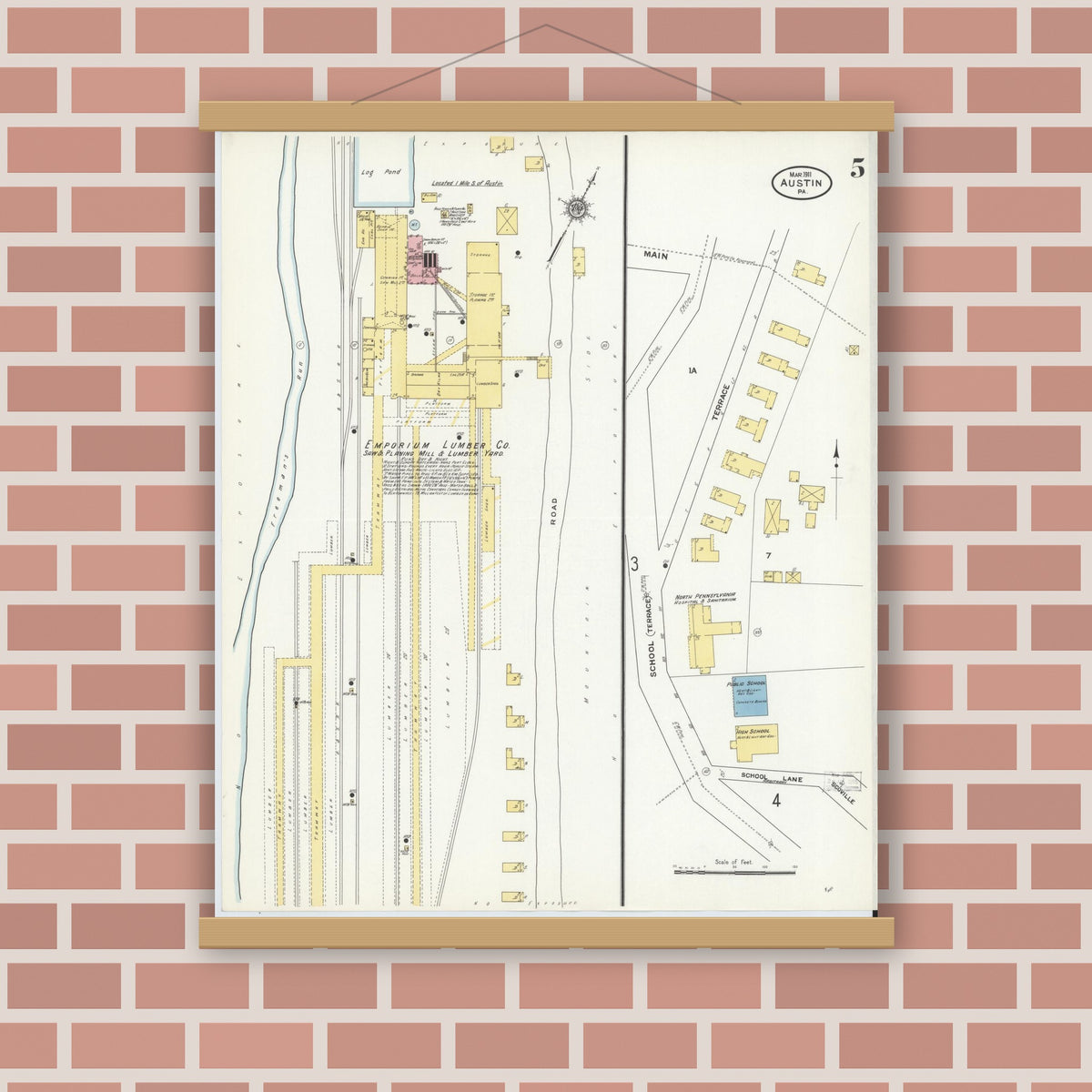 Old map wall art mockup — magnetic wood frame on brick wall — Sanborn Fire Insurance Map from Austin, Potter County, Pennsylvania (1911), Sheet #0005