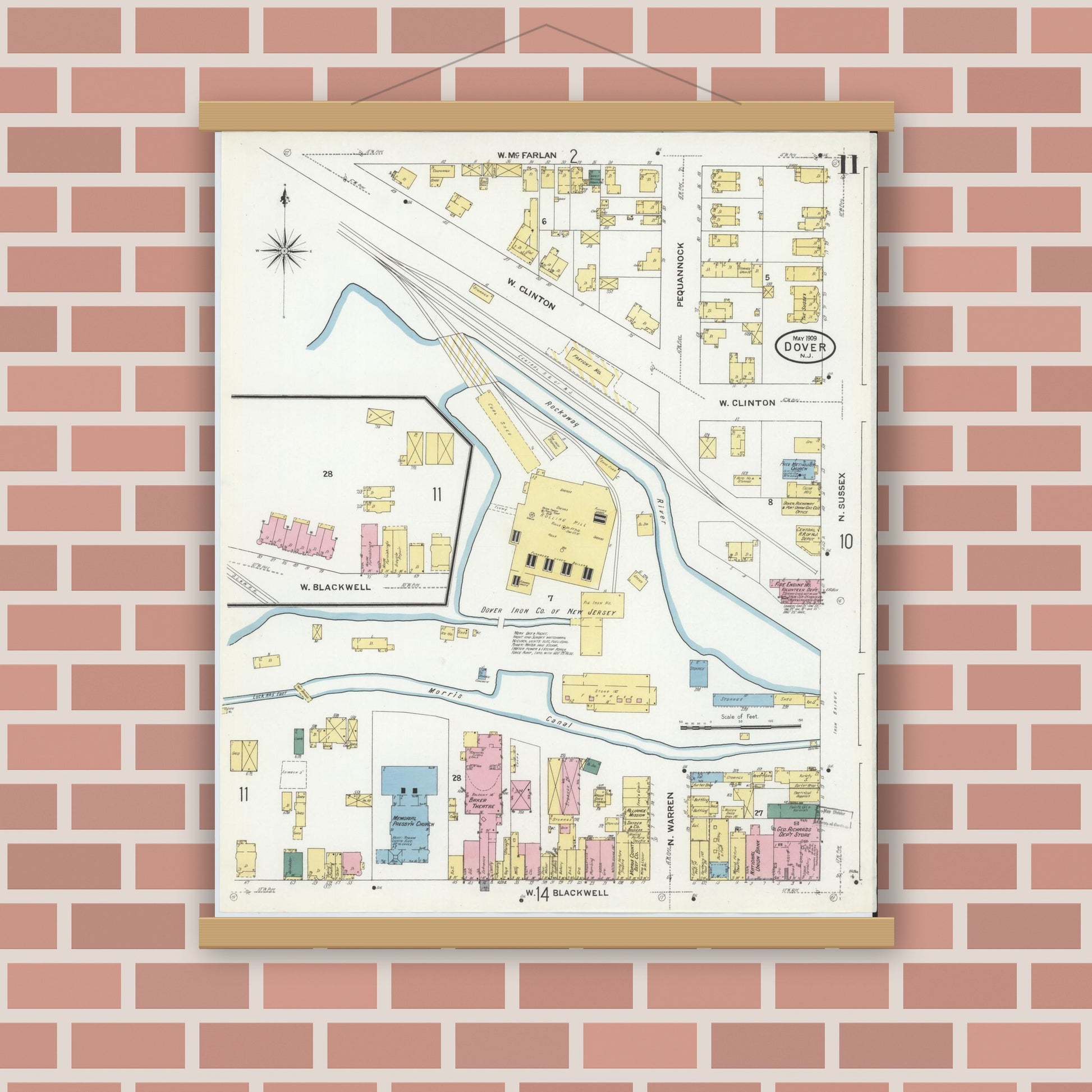Old map wall art mockup — magnetic wood frame on brick wall — Sanborn Fire Insurance Map from Dover, Morris County, New Jersey (1909), Sheet #0011