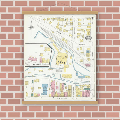 Old map wall art mockup — magnetic wood frame on brick wall — Sanborn Fire Insurance Map from Dover, Morris County, New Jersey (1909), Sheet #0011