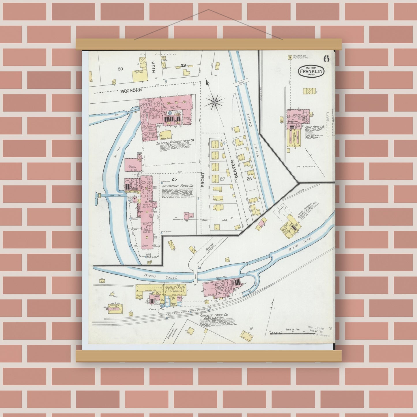 Old map wall art mockup — magnetic wood frame on brick wall — Sanborn Fire Insurance Map from Franklin, Warren County, Ohio (1892), Sheet #0006