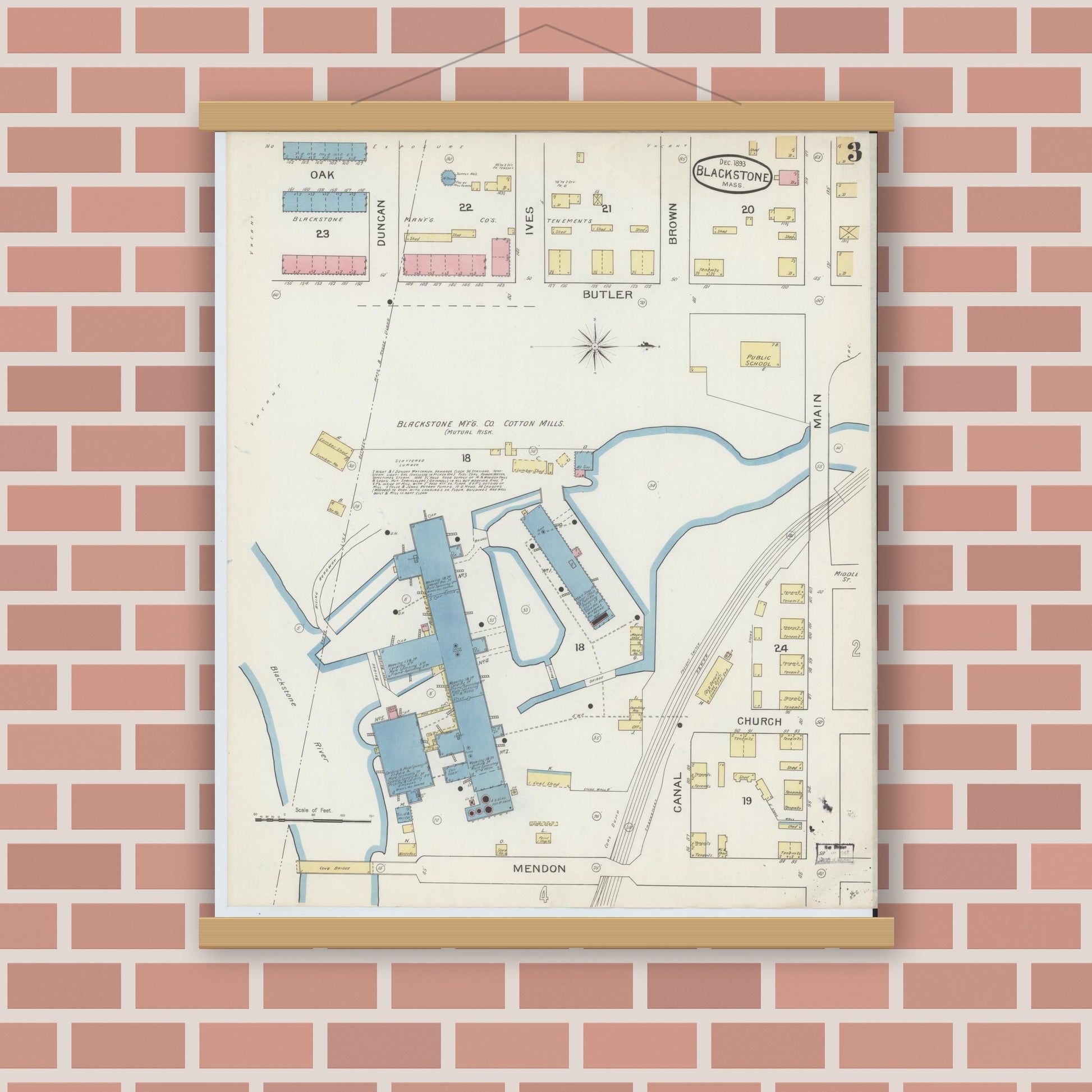 Old map wall art mockup — magnetic wood frame on brick wall — Sanborn Fire Insurance Map from Blackstone, Worcester County, Massachusetts (1893), Sheet #0003