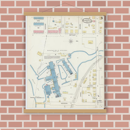 Old map wall art mockup — magnetic wood frame on brick wall — Sanborn Fire Insurance Map from Blackstone, Worcester County, Massachusetts (1893), Sheet #0003