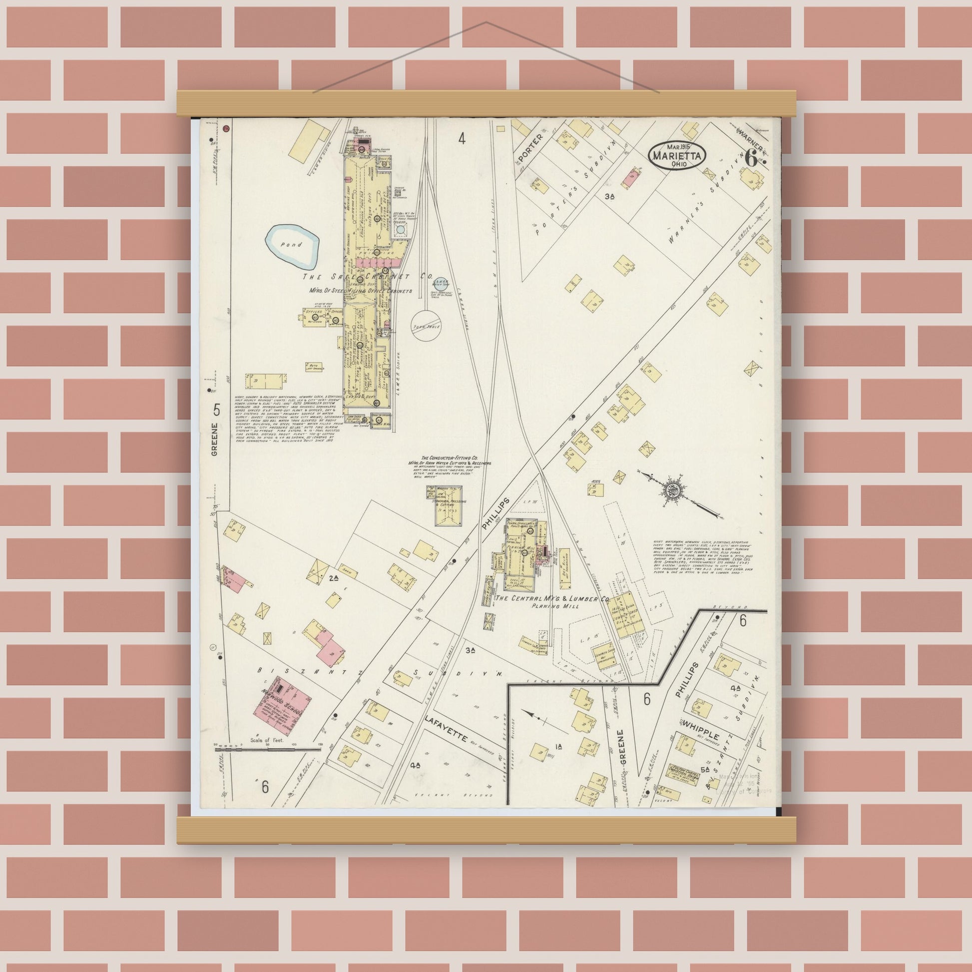 Old map wall art mockup — magnetic wood frame on brick wall — Sanborn Fire Insurance Map from Marietta, Washington County, Ohio (1915), Sheet #0006