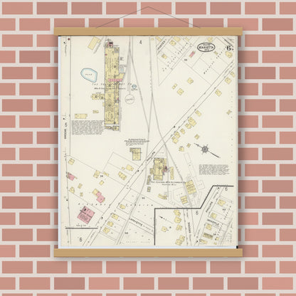 Old map wall art mockup — magnetic wood frame on brick wall — Sanborn Fire Insurance Map from Marietta, Washington County, Ohio (1915), Sheet #0006