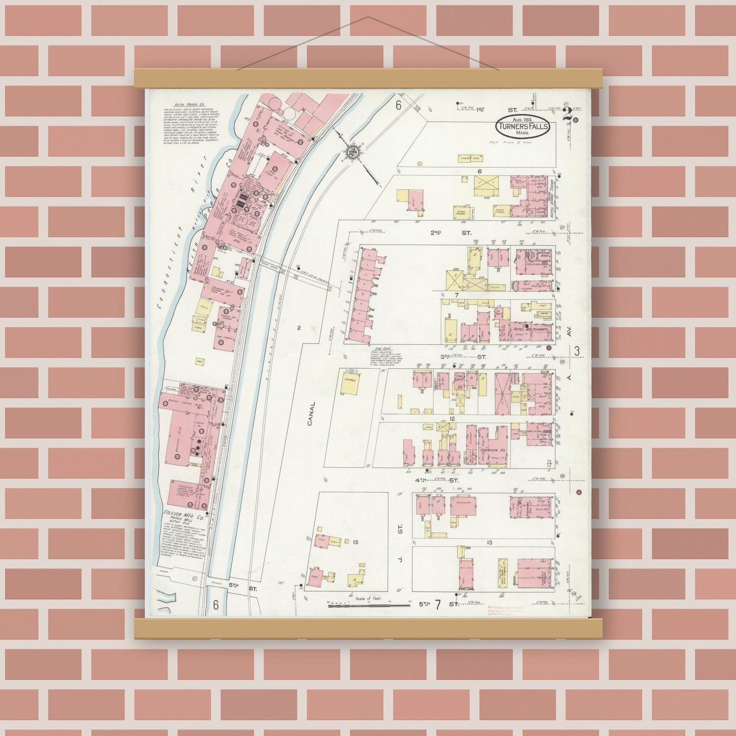 Old map wall art mockup — magnetic wood frame on brick wall — Sanborn Fire Insurance Map from Turners Falls, Franklin County, Massachusetts (1914), Sheet #0002