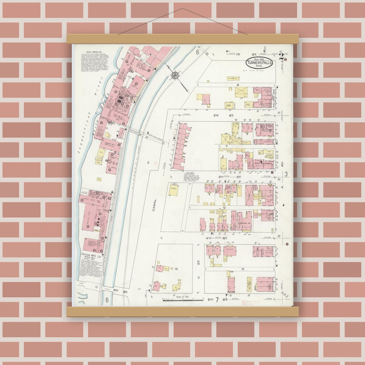 Old map wall art mockup — magnetic wood frame on brick wall — Sanborn Fire Insurance Map from Turners Falls, Franklin County, Massachusetts (1914), Sheet #0002