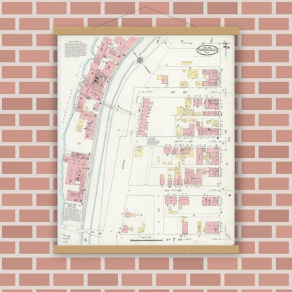 Old map wall art mockup — magnetic wood frame on brick wall — Sanborn Fire Insurance Map from Turners Falls, Franklin County, Massachusetts (1914), Sheet #0002