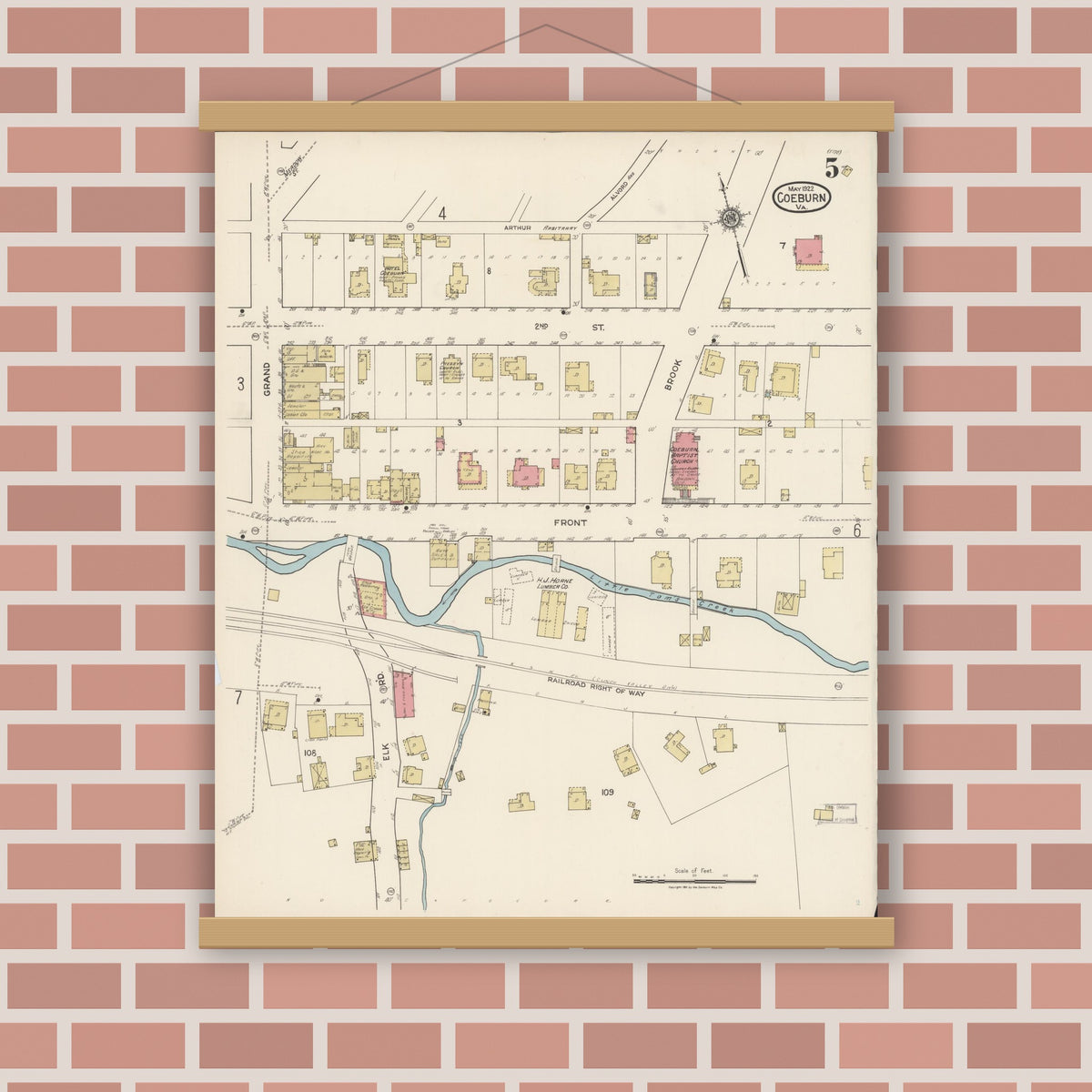 Old map wall art mockup — magnetic wood frame on brick wall — Sanborn Fire Insurance Map from Coeburn, Wise County, Virginia (1922), Sheet #0005