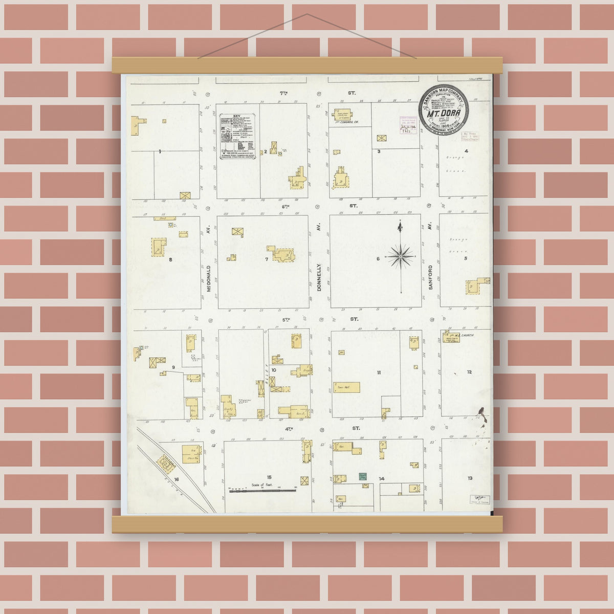 Old map wall art mockup — magnetic wood frame on brick wall — Sanborn Fire Insurance Map from Mount Dora, Lake County, Florida (1906), Sheet #0001