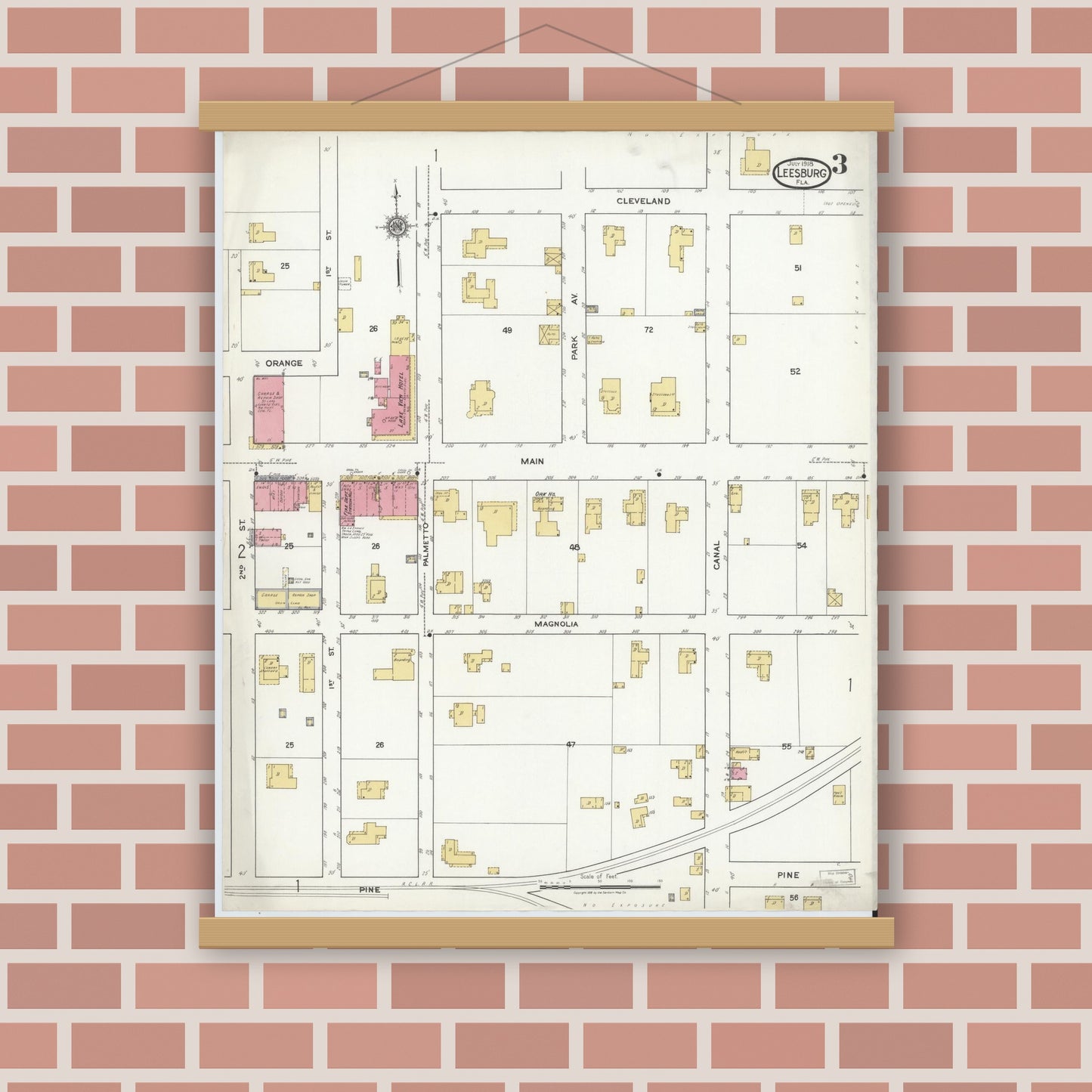 Old map wall art mockup — magnetic wood frame on brick wall — Sanborn Fire Insurance Map from Leesburg, Lake County, Florida (1918), Sheet #0003