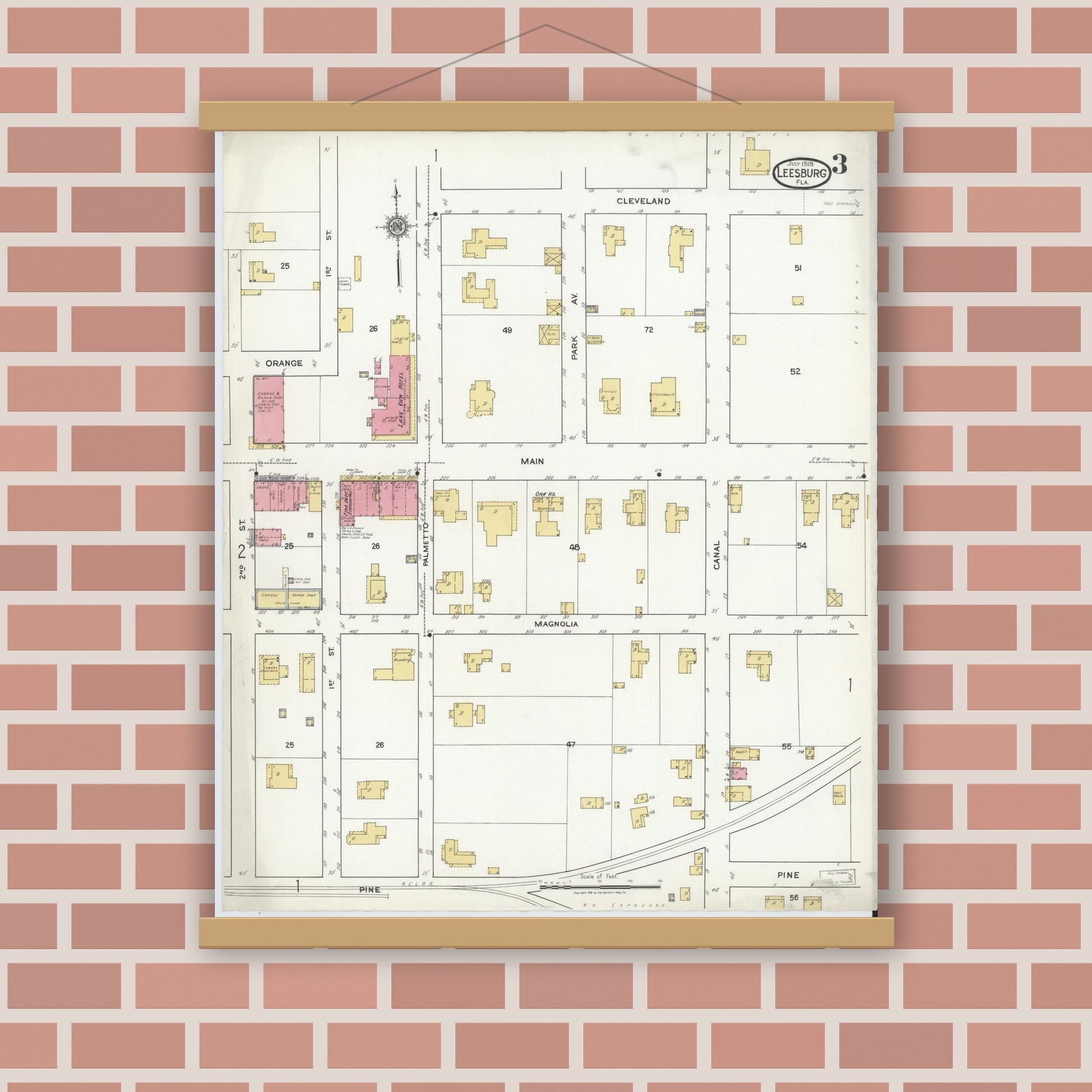 Old map wall art mockup — magnetic wood frame on brick wall — Sanborn Fire Insurance Map from Leesburg, Lake County, Florida (1918), Sheet #0003