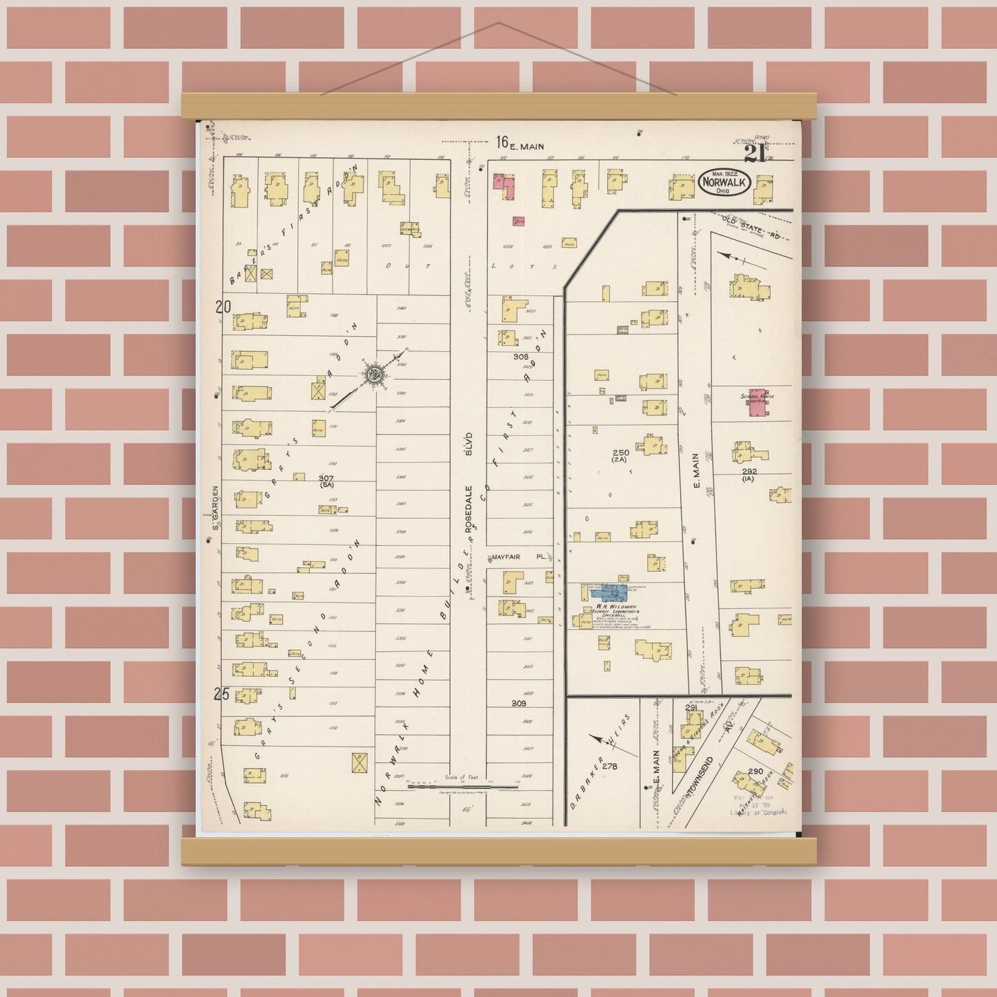 Old map wall art mockup — magnetic wood frame on brick wall — Sanborn Fire Insurance Map from Norwalk, Huron County, Ohio (1922), Sheet #0021