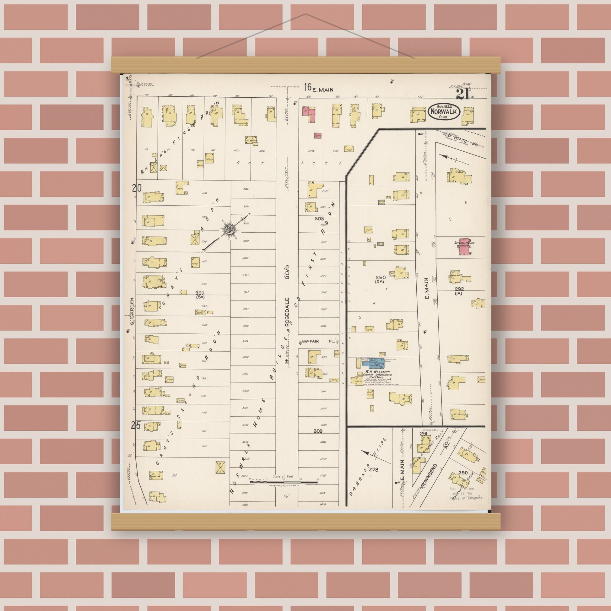 Old map wall art mockup — magnetic wood frame on brick wall — Sanborn Fire Insurance Map from Norwalk, Huron County, Ohio (1922), Sheet #0021