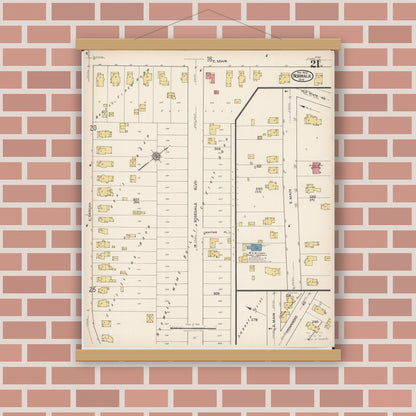 Old map wall art mockup — magnetic wood frame on brick wall — Sanborn Fire Insurance Map from Norwalk, Huron County, Ohio (1922), Sheet #0021