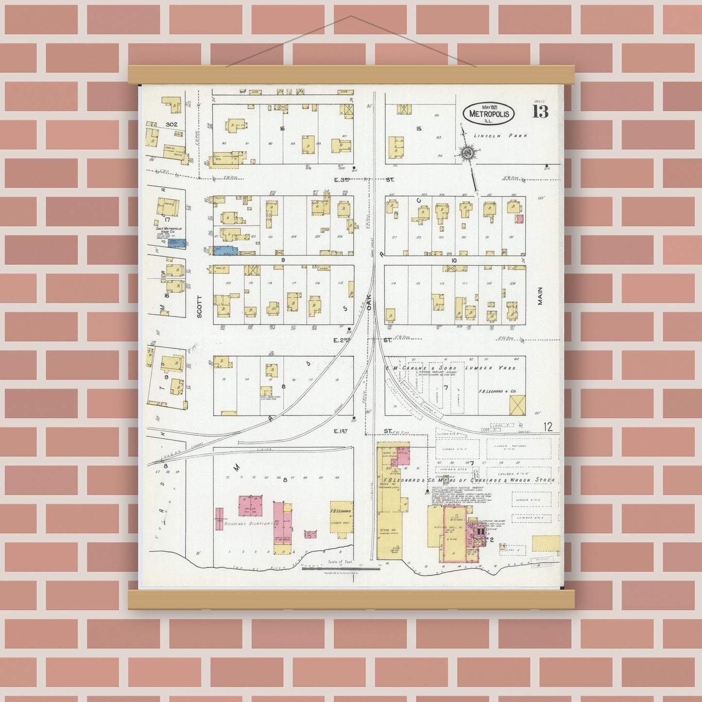 Old map wall art mockup — magnetic wood frame on brick wall — Sanborn Fire Insurance Map from Metropolis, Massac County, Illinois (1921), Sheet #0013