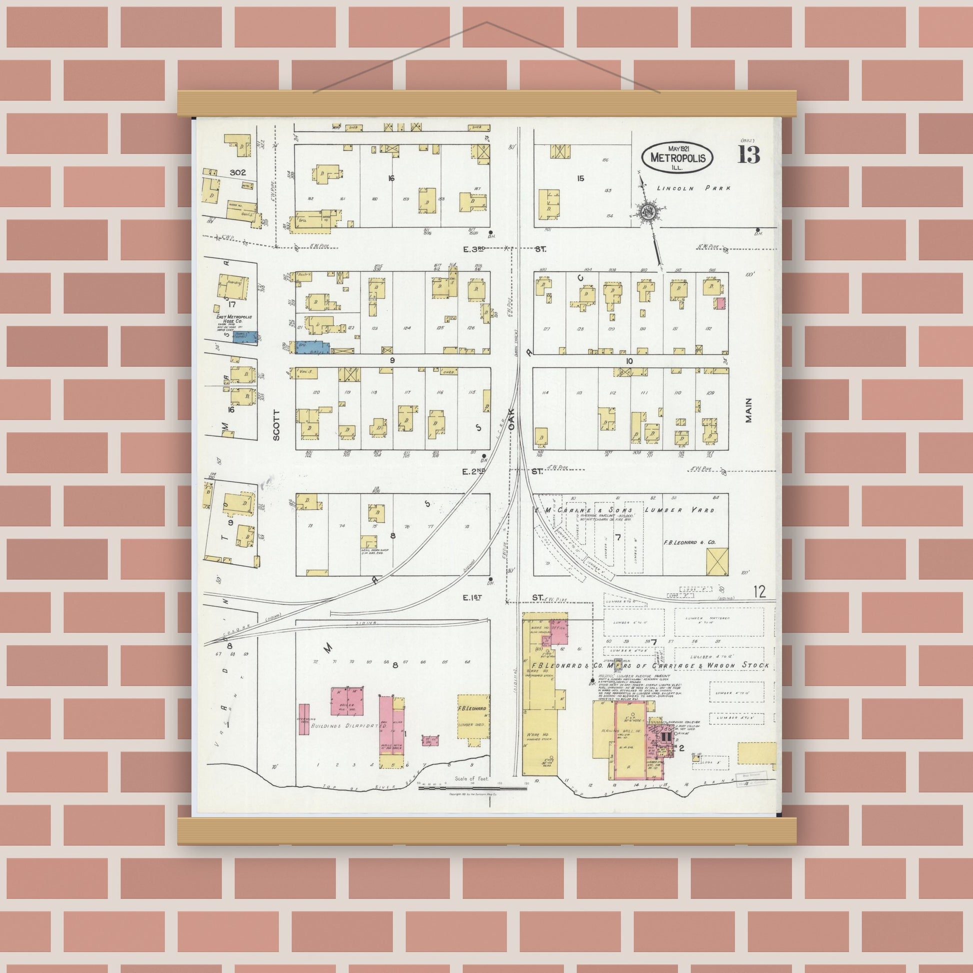 Old map wall art mockup — magnetic wood frame on brick wall — Sanborn Fire Insurance Map from Metropolis, Massac County, Illinois (1921), Sheet #0013