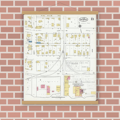 Old map wall art mockup — magnetic wood frame on brick wall — Sanborn Fire Insurance Map from Metropolis, Massac County, Illinois (1921), Sheet #0013