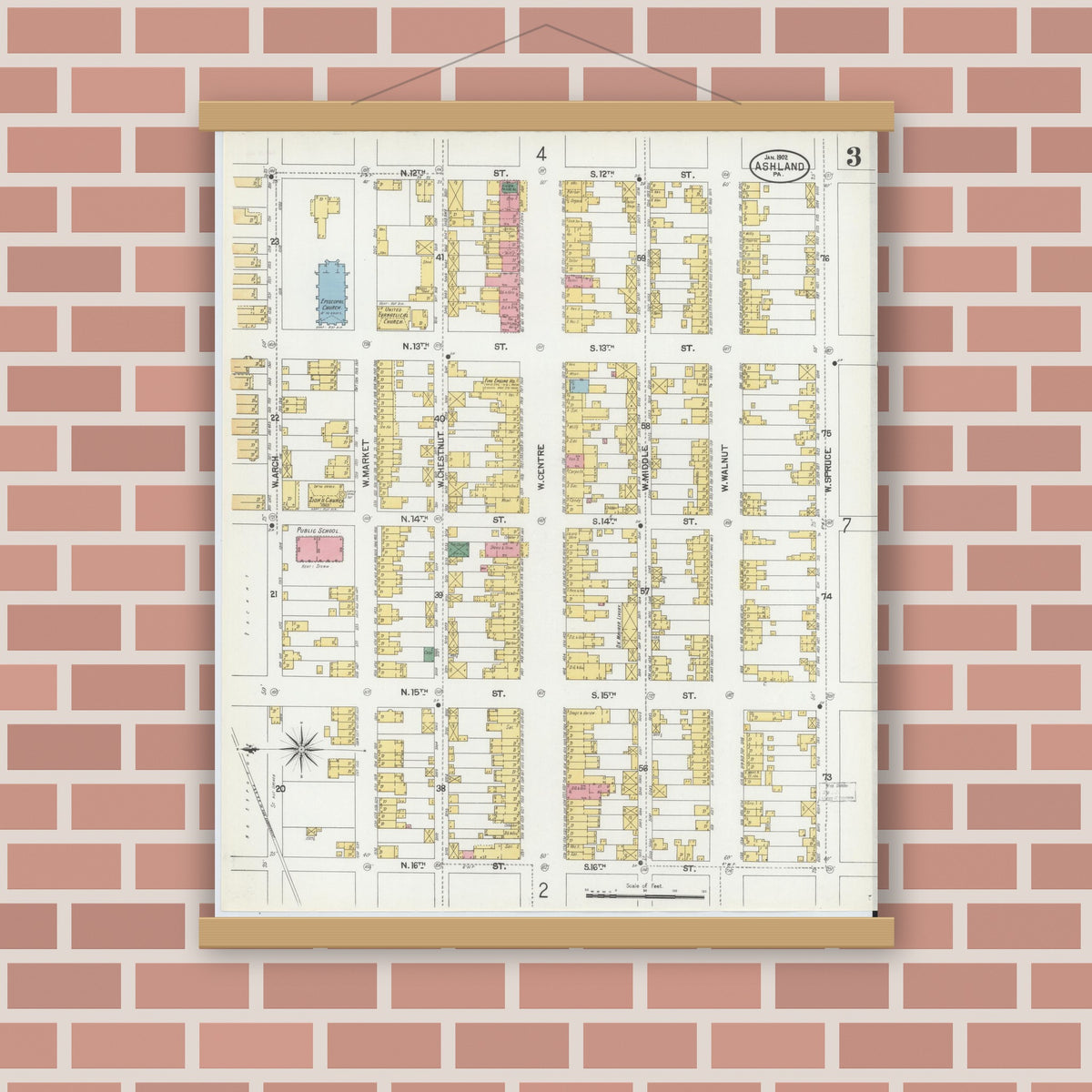 Old map wall art mockup — magnetic wood frame on brick wall — Sanborn Fire Insurance Map from Ashland, Schuylkill County, Pennsylvania (1902), Sheet #0003