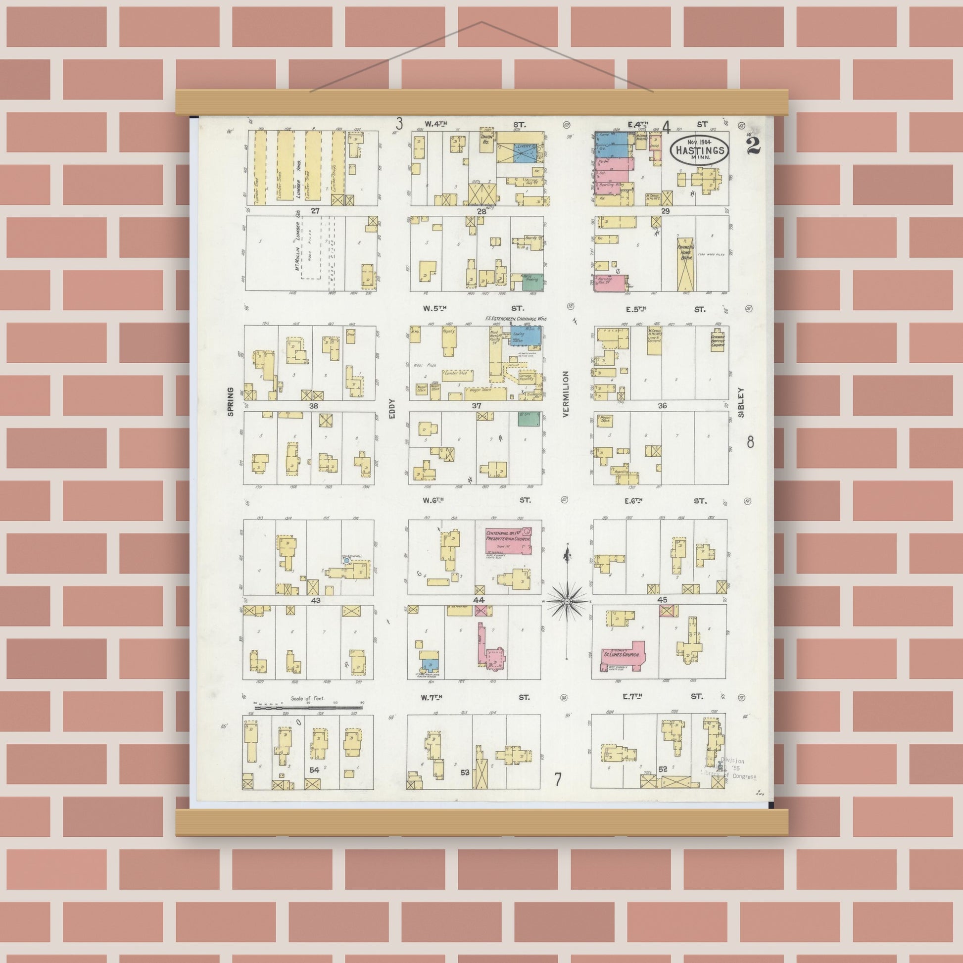 Old map wall art mockup — magnetic wood frame on brick wall — Sanborn Fire Insurance Map from Hastings, Dakota County, Minnesota (1904), Sheet #0002
