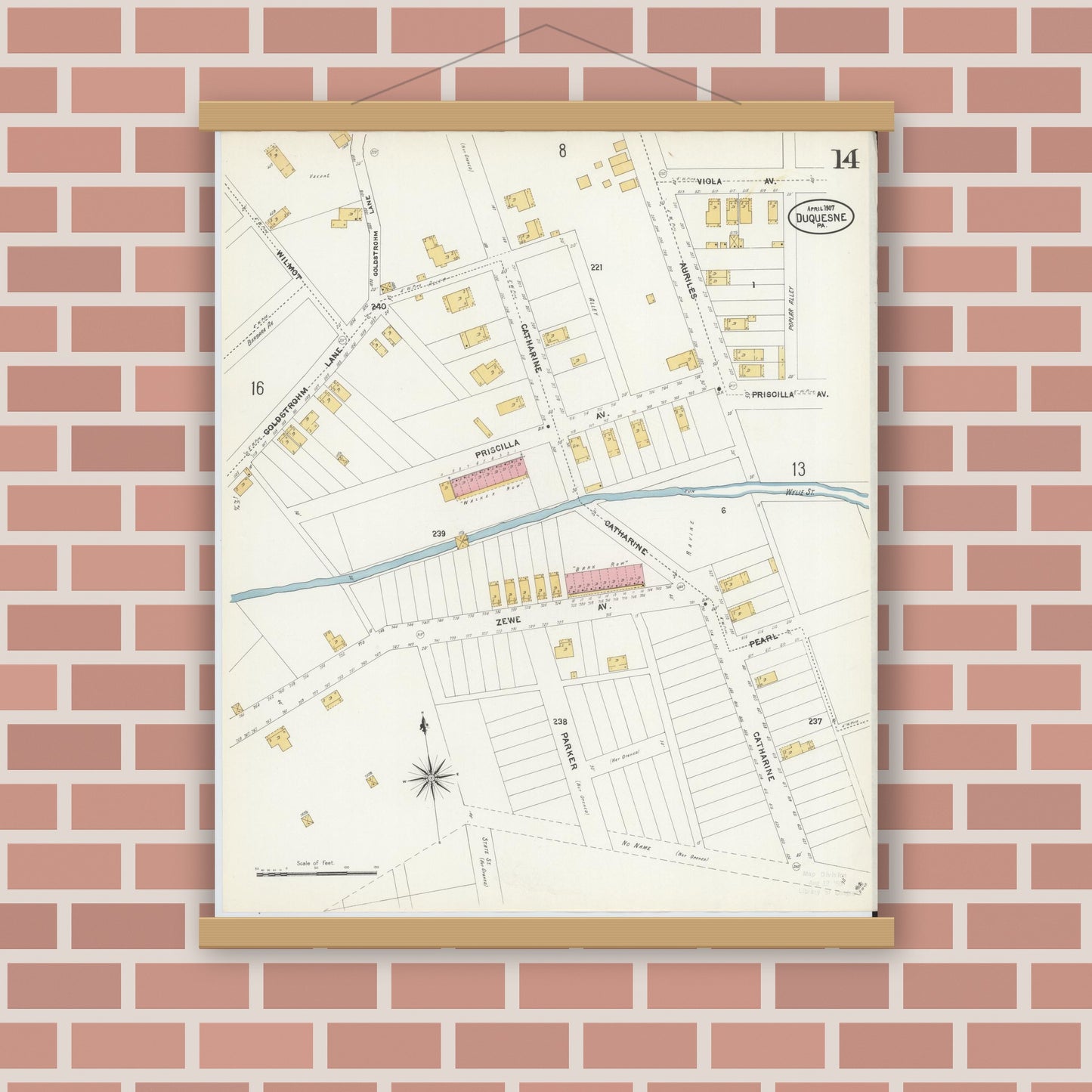 Old map wall art mockup — magnetic wood frame on brick wall — Sanborn Fire Insurance Map from Duquesne, Allegheny County, Pennsylvania (1907), Sheet #0014