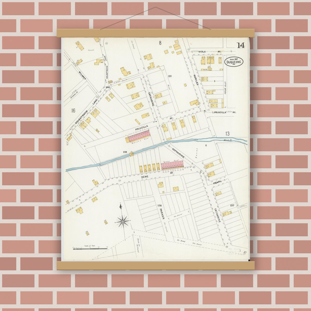 Old map wall art mockup — magnetic wood frame on brick wall — Sanborn Fire Insurance Map from Duquesne, Allegheny County, Pennsylvania (1907), Sheet #0014