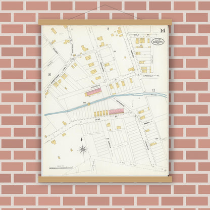 Old map wall art mockup — magnetic wood frame on brick wall — Sanborn Fire Insurance Map from Duquesne, Allegheny County, Pennsylvania (1907), Sheet #0014